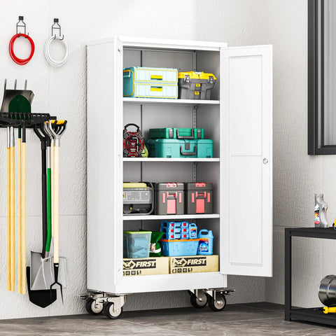Rolling Metal Garage Storage Cabinet With Locking Doors And Wheels Tough As Nails Tool Locker With 3 Adjustable Shelves For Garage Office Home Or Gym White