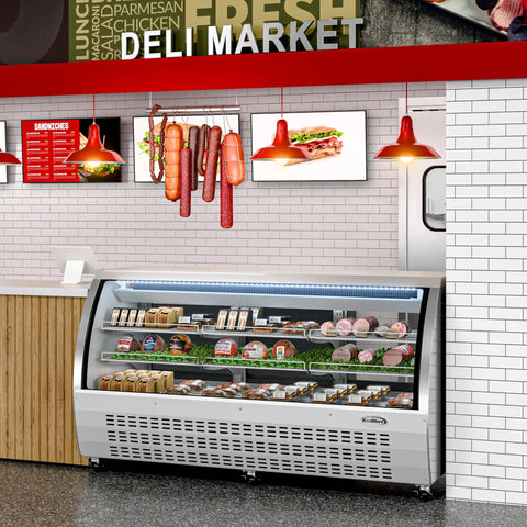 Top Shelf 82 Inch Commercial Deli Case And Meat Display Refrigerator With Heavy Duty Stainless Steel Curved Glass Front and LED Strip Lights.