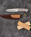 Knife Making Kit For DIY Dudes Includes Shawnee Skinner Blade, Maple Handle, Leather Sheath, Brass Bolsters, Shown Laid Out
