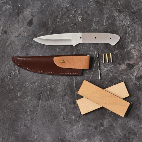 Knife Making Kit For DIY Dudes Includes Shawnee Skinner Blade, Maple Handle, Leather Sheath, Brass Bolsters, Shown Laid Out