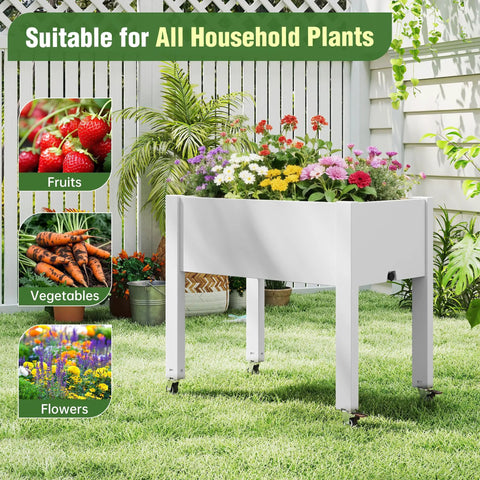 Elevated Raised Garden Bed With Wheels Portable Resin Planter Box For Vegetables Flowers And Herbs Outdoor Weather Resistant White Ready To Roll On The Patio Or Balcony Easy To Move