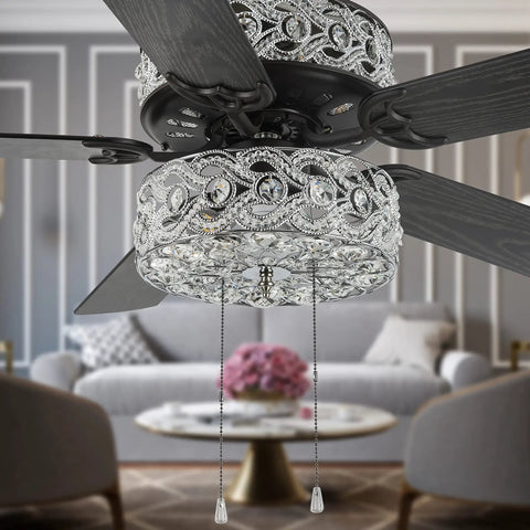 Double Lit 5 Blade Beaded Braid Led Ceiling Fan With Crystal Bead Shade And Dimmer for living room with elegant sofa