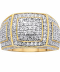 Mens 18k Yellow Gold Plated Round Pave Cubic Zirconia Ice Grid Style Ring Size 10 Packing 3.20 Ctw viewed from the side, showcasing the paved detailing.