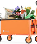 29.3 Inch Collapsible Wagon Cart With 150L Capacity And 260 Lb Load, Portable Folding Rolling Cart For Garden Groceries Sports Gear Camping And Outdoor Trips, Heavy Duty Lightweight Durable Orange loaded with gardening tools and flowers.
