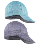 Two Flame Resistant Plaid Welding Caps 7oz Midweight FR Cotton Cat2 NFPA2112 2 Pack, 6 Panel Design, Arc Shield, Size 7 7/8 in blue and grey.