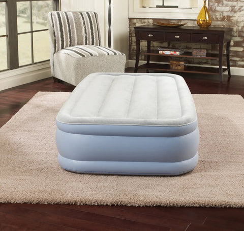 Twin Size Air Mattress With Vertical Beam Construction And Edge Support, external pump, in a living room setting