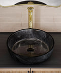 Avallon 16.5 Inch Round Glass Vessel Sink In Black for Above Counter, no faucet holes, 1.75 inch drain opening, on modern vanity