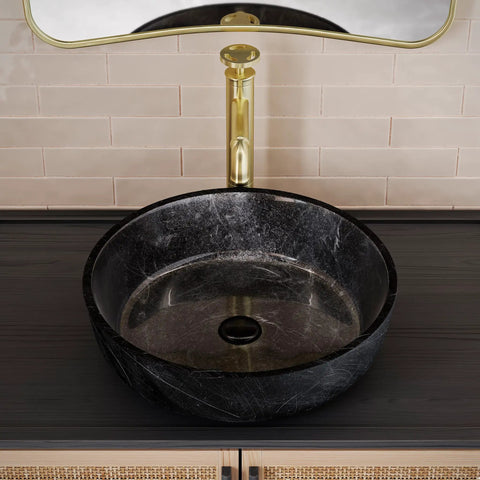 Avallon 16.5 Inch Round Glass Vessel Sink In Black for Above Counter, no faucet holes, 1.75 inch drain opening, on modern vanity