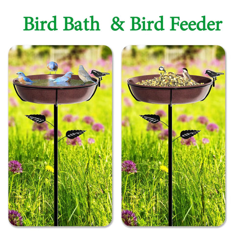Deep Metal Bird Bath With 40 Inch Tall Stake Removable 13 Inch Diameter Bowl Antique Bronze Outdoor Garden Decor Heavy Duty Five Prong Base For Stable Upright Stand In Yard Vibe Ready For Your Patio And Lawn in garden setup with birds.