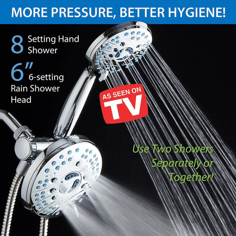 As Seen On TV High Pressure Shower Head System with dual heads showing water flow, chrome finish, anti-clog jets in use.