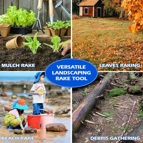 Image showing versatile landscaping tasks including mulch raking, leaves raking, beach raking, and debris gathering with various tools.