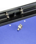 Close-up of adjustable three-hole punch for office documents with 11 sheet capacity, showing blue paper and black metal punch tool.