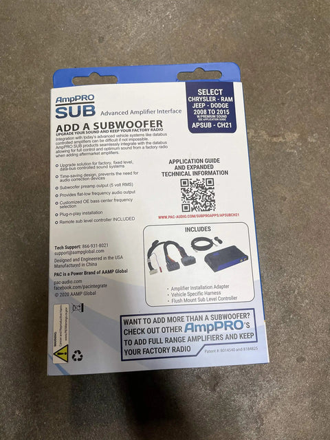 Back of packaging for Advanced Subwoofer Amp Interface For Factory Amplified Audio In 2007 To 2015 Chrysler Dodge Jeep Ram.