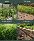 Four garden scenes: weeding, lawn edging, thick weeds and grass, and rope with cardboard setup. Ideal for use with Weeding Sickle Kama.