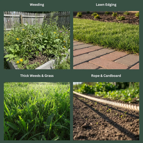 Four garden scenes: weeding, lawn edging, thick weeds and grass, and rope with cardboard setup. Ideal for use with Weeding Sickle Kama.