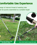 Beefed Up Long Handle Iron Weeding Rake With Thickened 5 Tooth Carbon Steel Head in use, adjustable length shown