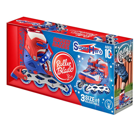 LED Light Up Inline Skates For Kids With Three Adjustable Sizes in superhero theme packaging, ideal for ages 10 and up.