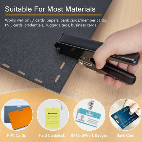 Hand using badge hole punch slot puncher for ID cards and PVC paper slots, tough as nails metal build, suitable for most materials
