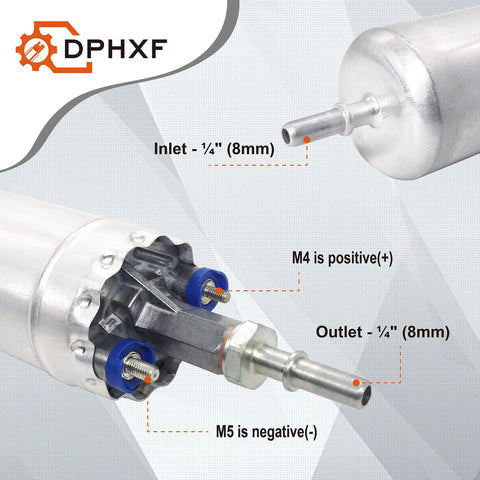 External Electric Fuel Pump Beefed Up For 1983 To 1991 Ford F Series F150 F250 F350 E150 E250 E350 Lincoln Continental Mustang Ranger LTD Thunderbird Mercury Marquis High Flow Rotor Design For Stable Performance And Superior Cooling showing inlet, outlet, and connections