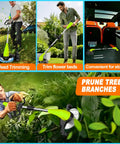 Three scenes showing a Cordless Weed Wacker 12V Battery Powered With 65 Inch Adjustable Pole Lightweight 3.72 Lb Grass Trimmer Edger Mower All In One Yard Tool With Metal Blade And Saw Blade For Thick Weeds Pruning in various uses including weed trimming, flower bed maintenance, and branch pruning.