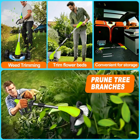 Three scenes showing a Cordless Weed Wacker 12V Battery Powered With 65 Inch Adjustable Pole Lightweight 3.72 Lb Grass Trimmer Edger Mower All In One Yard Tool With Metal Blade And Saw Blade For Thick Weeds Pruning in various uses including weed trimming, flower bed maintenance, and branch pruning.