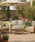 Outdoor chair cushions set of 4 cozy waterproof backrest and deep seat cushions on patio furniture under umbrella.