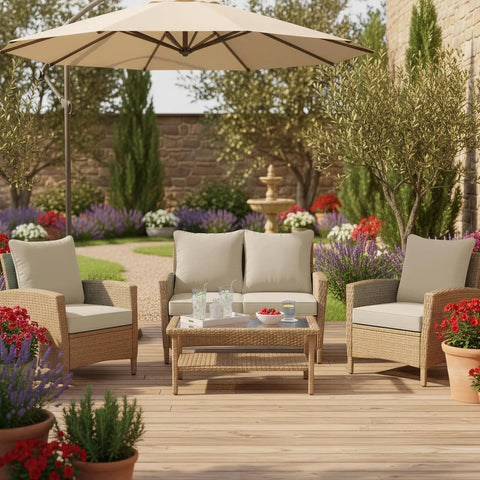 Outdoor chair cushions set of 4 cozy waterproof backrest and deep seat cushions on patio furniture under umbrella.
