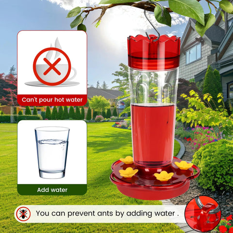 Red Hummingbird Feeder 15 Ounce With Five Feeding Ports Built In Ant Moat Bee Proof Outdoor Hanging Bird Feeder For Your Yard displayed in a garden setting.