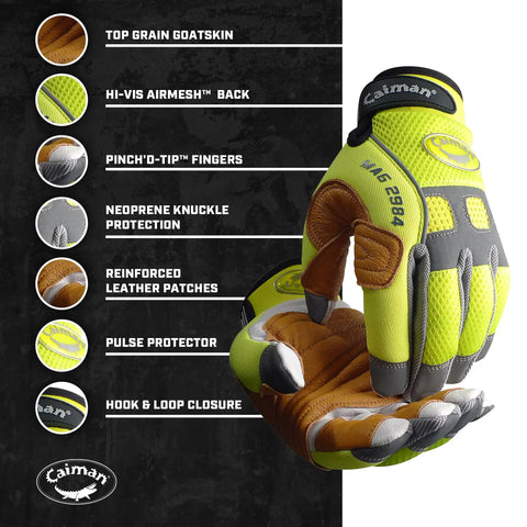 Multi Activity Work Glove With Goat Grain Leather Palm Hi Vis AirMesh Back Pinched Tip Fingers Neoprene Knuckle Yellow Large