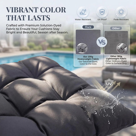 Close-up of dark grey cushion detail showcasing water resistance and UV protection for outdoor egg chair