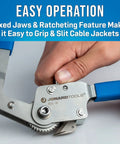 Submariner Cable Jacket Slitter close-up showing fixed jaws and ratcheting grip during operation for easy HDPE jacket slitting.