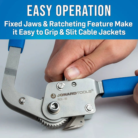 Submariner Cable Jacket Slitter close-up showing fixed jaws and ratcheting grip during operation for easy HDPE jacket slitting.