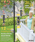 2024 upgraded outdoor finch feeder with 12 feeding ports and 8 perches, shown hanging with small birds feeding in a garden.