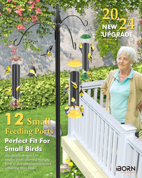 2024 upgraded outdoor finch feeder with 12 feeding ports and 8 perches, shown hanging with small birds feeding in a garden.