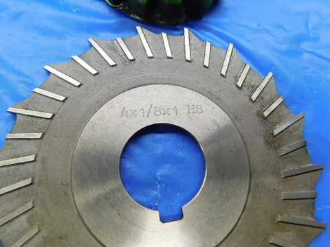 Close-up of a 4x1/8x1 HS cutter from 7 Piece Milling Cutter Set For Metalworking With HSS Side Cutters Ranging 3 To 5 Inches And A 1 Inch Pilot
