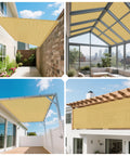 Collage of 9x26 ft sand sun shade sail on patio, pergola, garden, showing UV block, breeze flow, HDPE fabric, stitched edges.