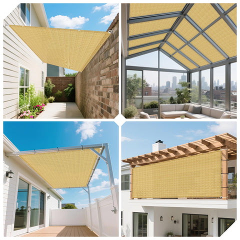 Collage of 9x26 ft sand sun shade sail on patio, pergola, garden, showing UV block, breeze flow, HDPE fabric, stitched edges.