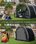 Oversized Outdoor Bike Storage Tent Shed With Window Waterproof Shelter showing open and closed storage for bikes and tools