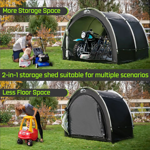 Oversized Outdoor Bike Storage Tent Shed With Window Waterproof Shelter showing open and closed storage for bikes and tools