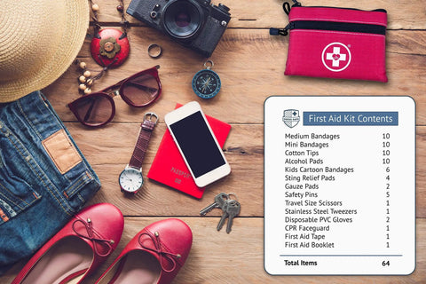 2 In 1 First Aid Kit For Car Travel And Home With 64 Piece Medical Supplies And 25 Pack Bonus Mini Kit with red case