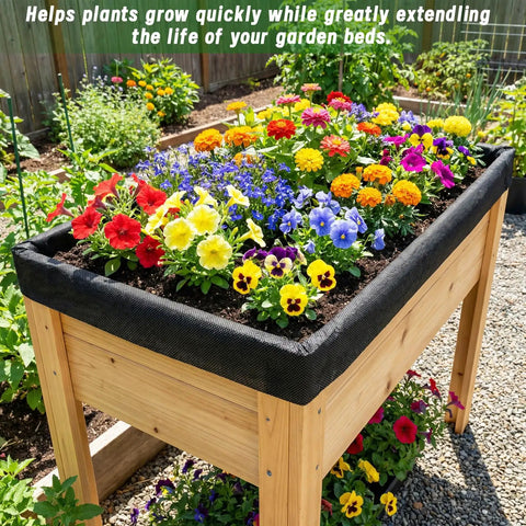63 By 114 Inch Raised Garden Bed Liner Set With Heavy Duty Cuttable Non Woven Fabric for Large Veg Trough, installed with flowers