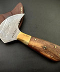 Damascus Steel Leather Cutting Knife With Round Head Blade And Wood Handle For Leather Fabric Vinyl And Crafts shown with sheath