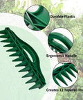 Green row seeder handheld garden tool for precise seed and seedling spacing with ergonomic handle on garden background