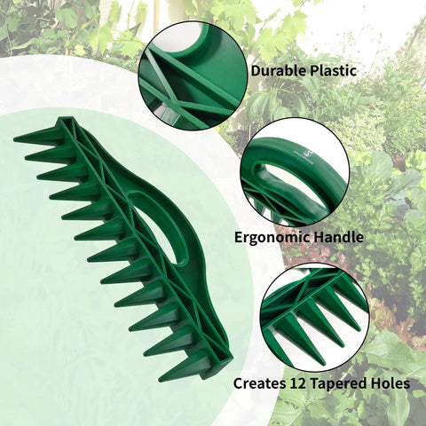 Handheld Row Seeder For Precise Seed Spacing In Rows And Seed Trays Garden Tool For Vegetables Flowers And Herbs showing durable plastic, ergonomic handle, and 12 tapered holes.