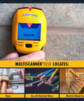 MultiScanner A250 Stud Finder Wall Scanner in use on wall, showing LCD display and detection functions for wood, metal, and live wires.