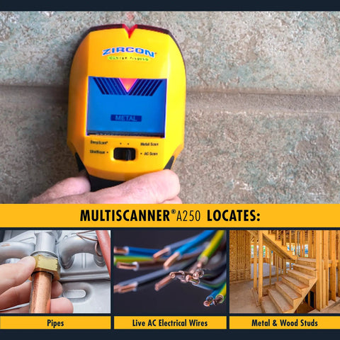 MultiScanner A250 Stud Finder Wall Scanner in use on wall, showing LCD display and detection functions for wood, metal, and live wires.