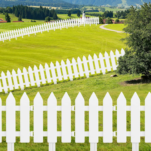White Plastic Garden Fence Kit With 22 Pieces Easy Install Picket Fence Edgings For Lawn Flower Beds Plant Borders And Decorative Yard Perimeter Includes Ground Stakes For Quick Setup installed in a scenic landscape