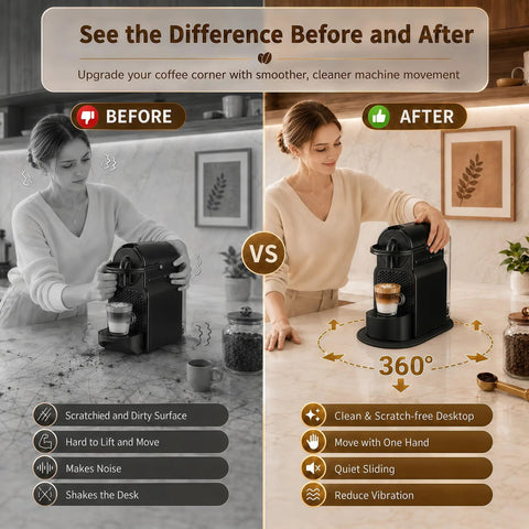 Sleek Sliding Mat For Inissia Espresso Machine With Anti Slip Base shown under espresso machine before and after use comparison