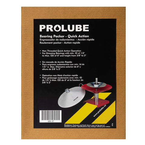 Product packaging for Deluxe Steel Bearing Packer With Rapid Action Bench Style, shown in red steel with specifications and features.