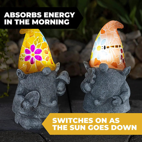 Chillin Gnomes Solar Powered LED Outdoor Light Set Of 2 with colorful glowing hats in garden setting